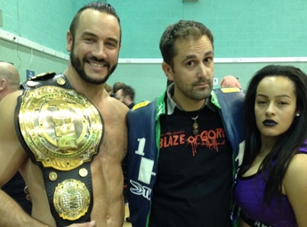Horror actor Nathan Head with wrestler Iestyn Rees at Wales Comic Con